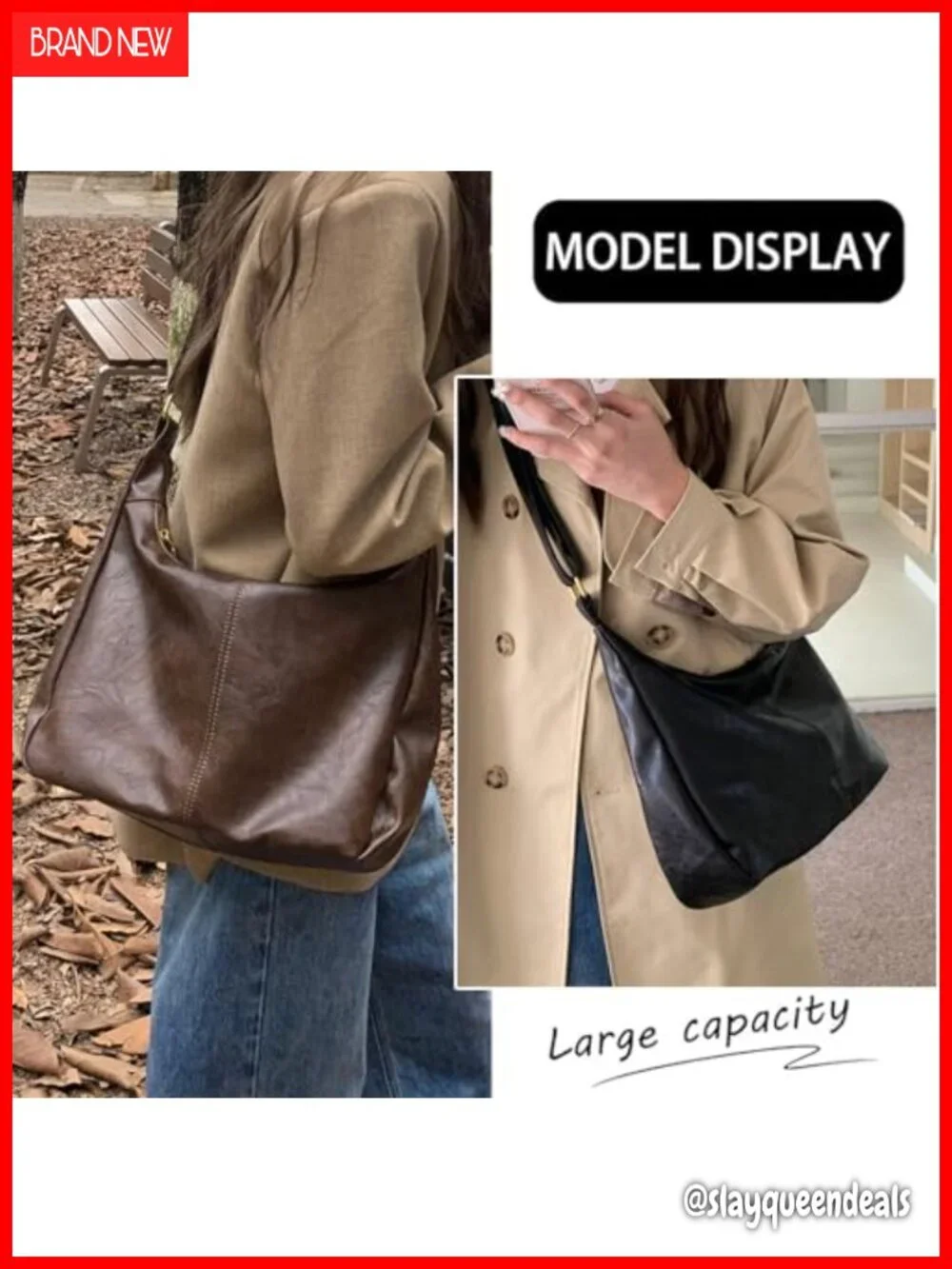 Vegan Leather Hobo Bag Soft Slouchy Shoulder Handbag Zipper Work Tote Travel